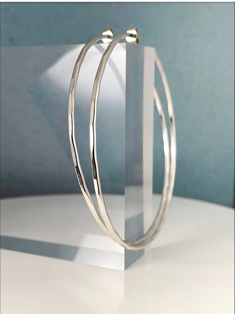 Extra Large Sterling Silver Boho Hoop Earrings 70mm Hammered-Faceted - Handmade