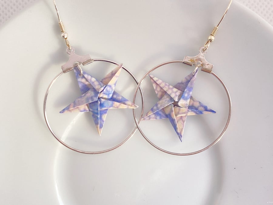 Whimsical Hand Folded Paper Star Hoop Earrings - Sliver Hooks, Blue Lace Pattern