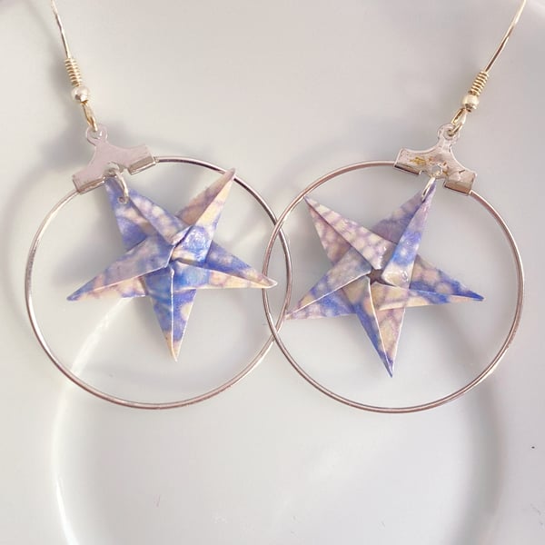 Whimsical Hand Folded Paper Star Hoop Earrings - Sliver Hooks, Blue Lace Pattern