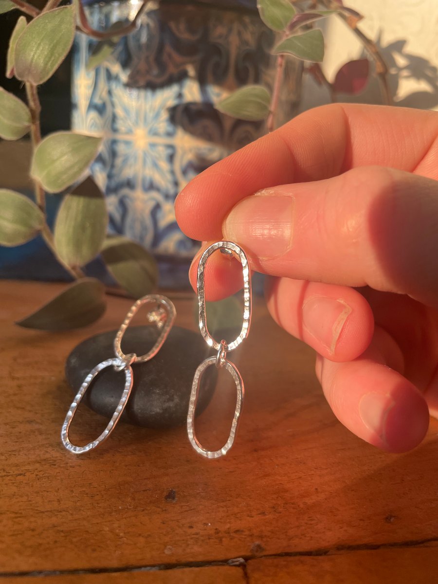 Triple link dangle earrings with hammered surface, sterling silver & handmade