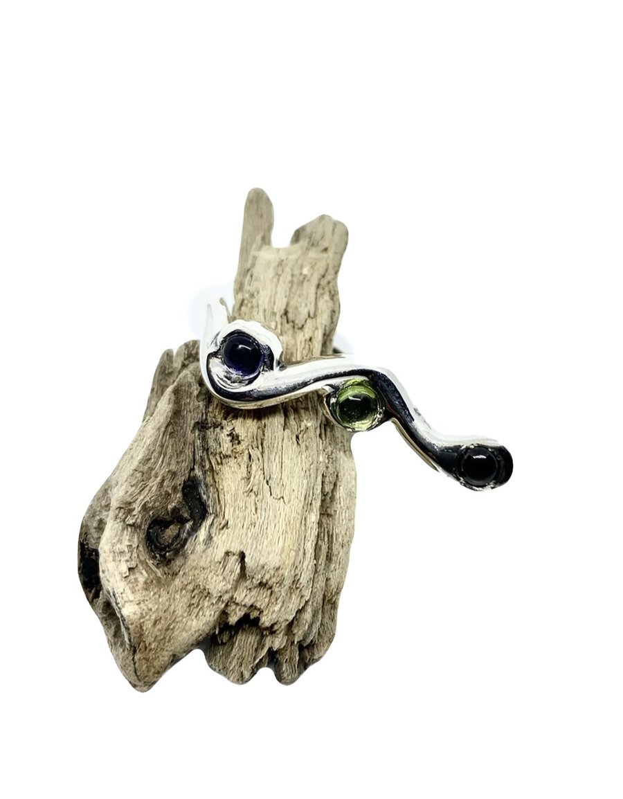 Gemstones ring double finger adjustable in sterling silver 925