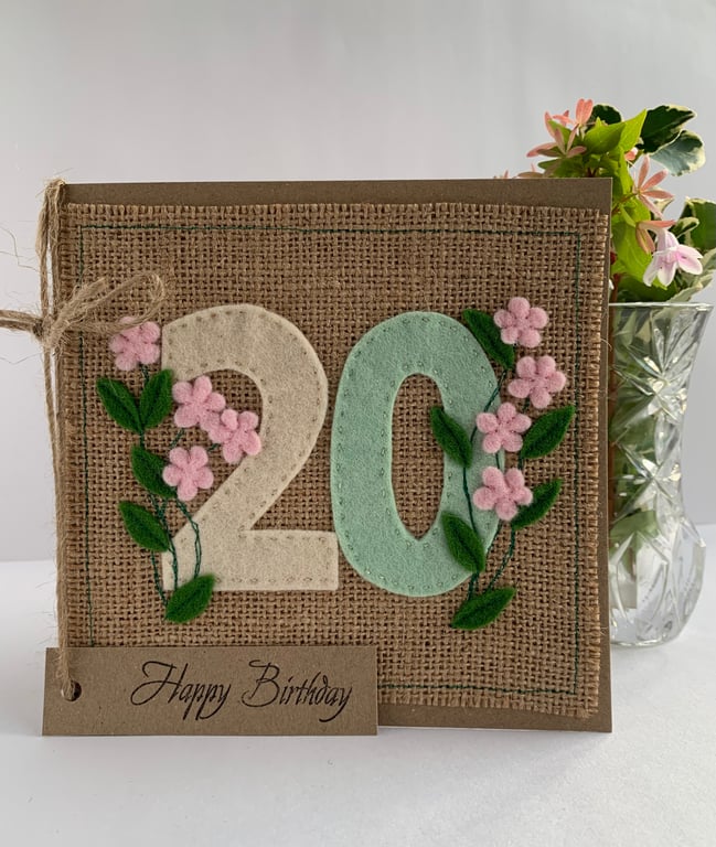 20th Handmade Birthday Card from felt. Keepsake Card. Textile card.
