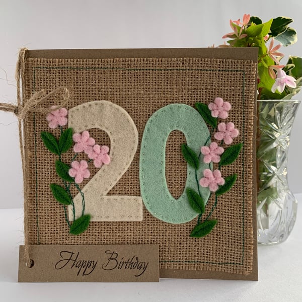 20th Handmade Birthday Card from felt. Keepsake Card. Textile card.