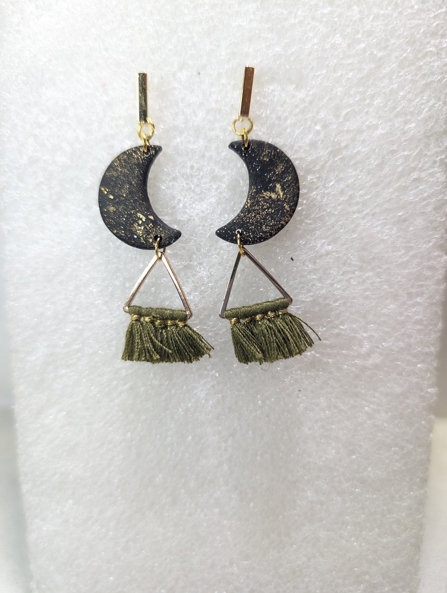 Black and gold mini moon tassel earrings  