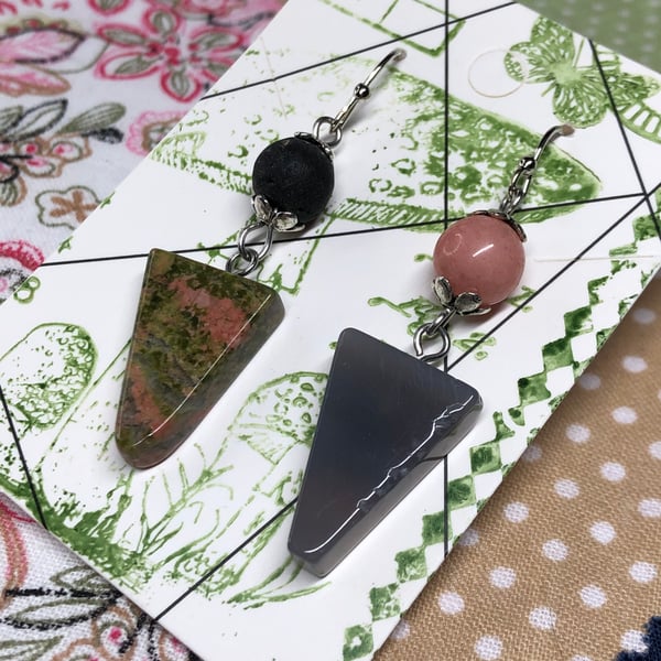 Mismatched triangle gemstone earrings - Rose Quartz, Agate, Lava Rock and Unakit