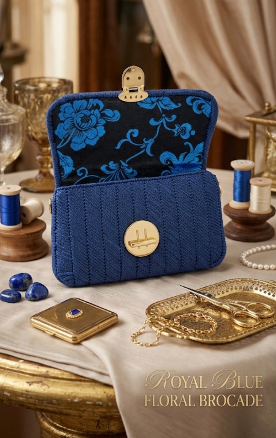 Royal Blue Crochet Shoulder Bag with Floral Brocade Lining