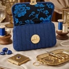 Royal Blue Crochet Shoulder Bag with Floral Brocade Lining