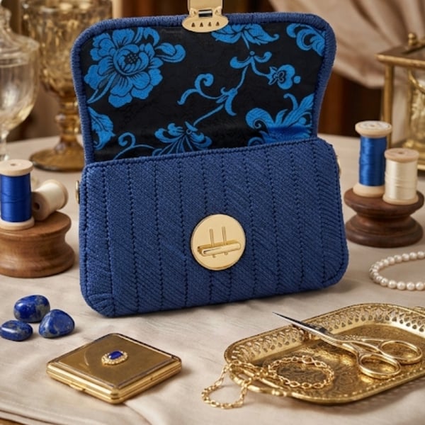 Royal Blue Crochet Shoulder Bag with Floral Brocade Lining