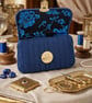 Royal Blue Crochet Shoulder Bag with Floral Brocade Lining