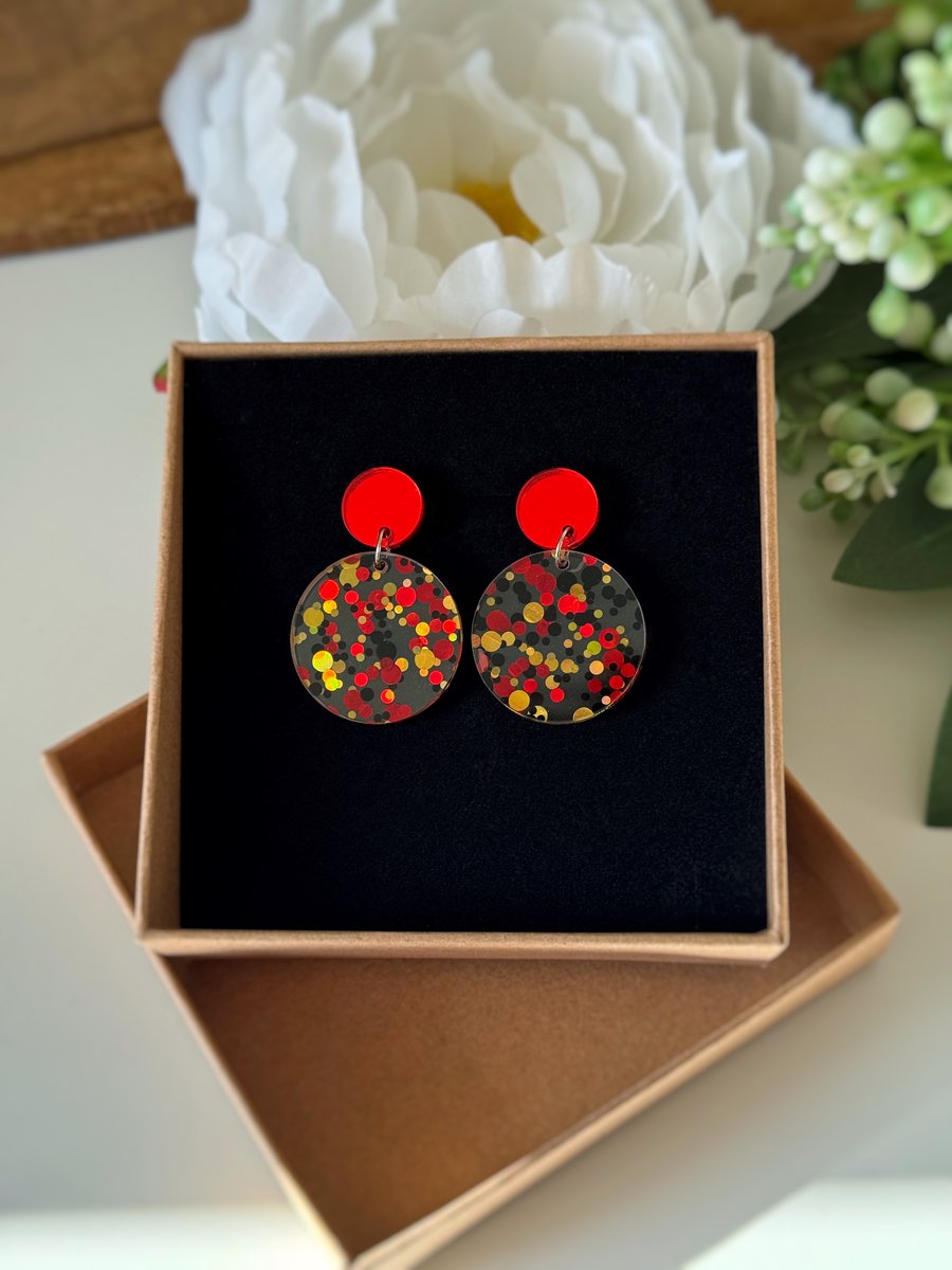 Bold Red Confetti Acrylic Earrings 