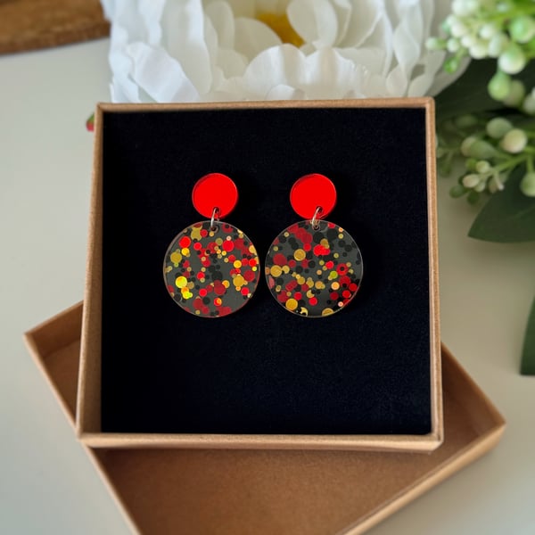 Bold Red Confetti Acrylic Earrings 