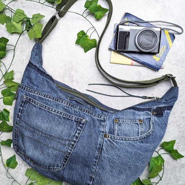 Denim Bag - Denim Jeans Cross Body Sling or Dumpling Bag with Olive Green Straps