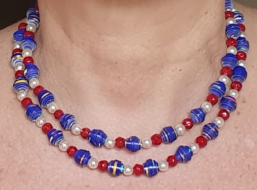 Red, white and blue long paper beaded Coronation necklace