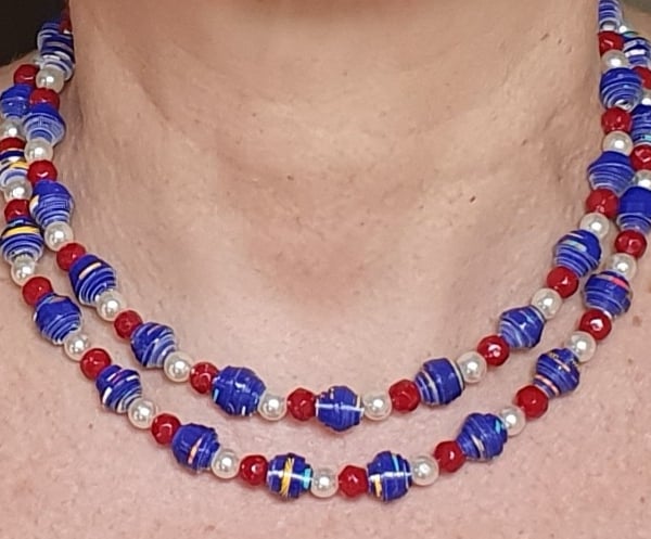 Red, white and blue long paper beaded Coronation necklace