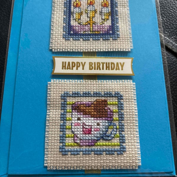 Cross stitched Happy Birthday card. Beauty & the Breast cup and candlestick 