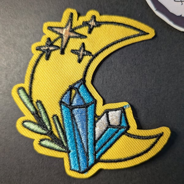 Crescent Moon & Blue Crystal Cluster Embroidered Iron-On Patch - 7.2x6.5cm