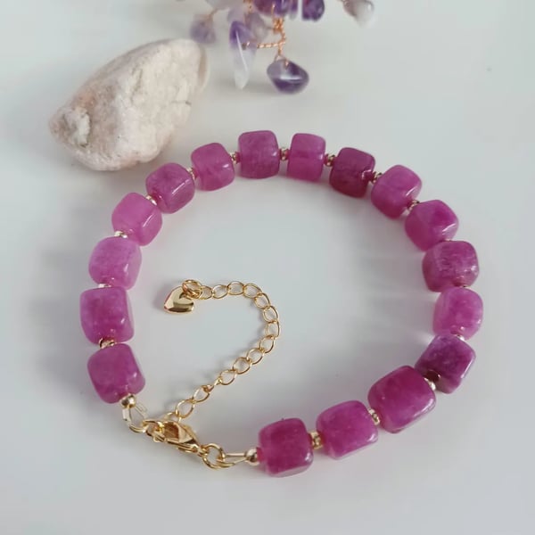 Handmade Pink Square Bead Bracelet, Toned Quartz Gemstone Jewellery for Women 