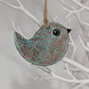 Bird clay hanging decoration, copper and sea green, pretty gift for her