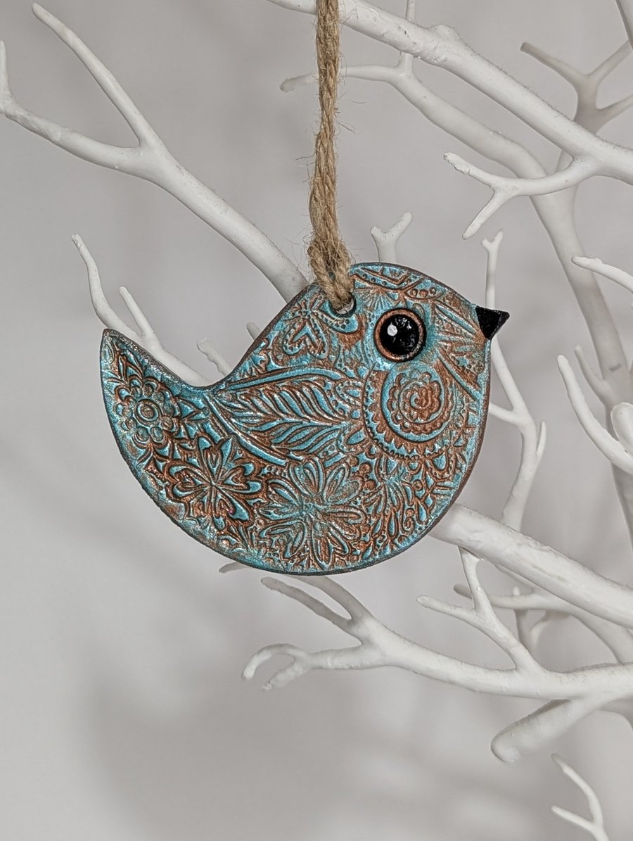 Bird clay hanging decoration, copper and sea green, pretty gift for her