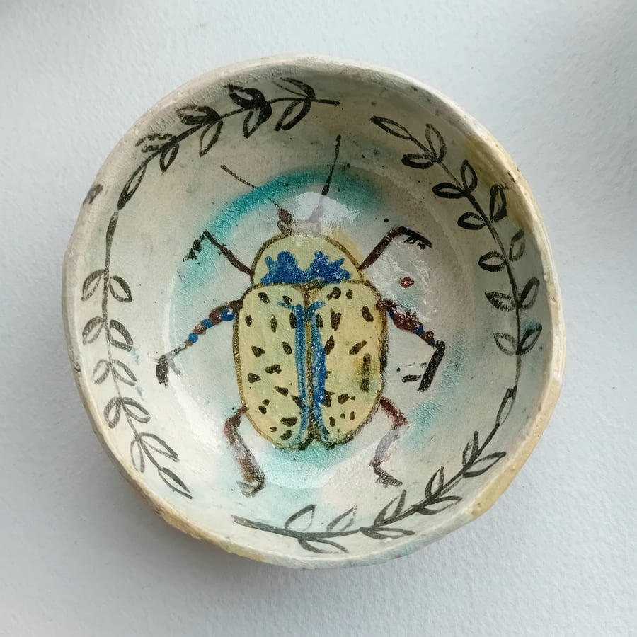 Ceramic trinket dish handpainted rustic earthenware pottery- blue yellow beetle