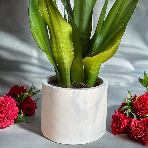 Large White Marbled Concrete Plant Pot - Handmade Cement Planter