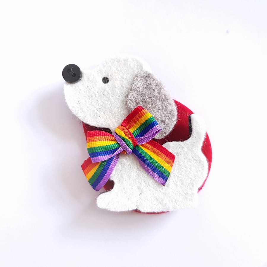 Felt Brooch - Dog Brooch with Rainbow Ribbon
