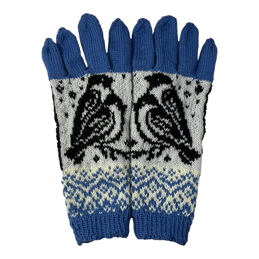 Bird gloves, handknit gloves, Handmade gloves, garden wool gloves, fairisle 