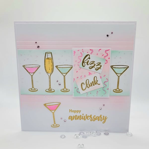 Anniversary Card -  happy anniversary, embossed cards, fizz, clink