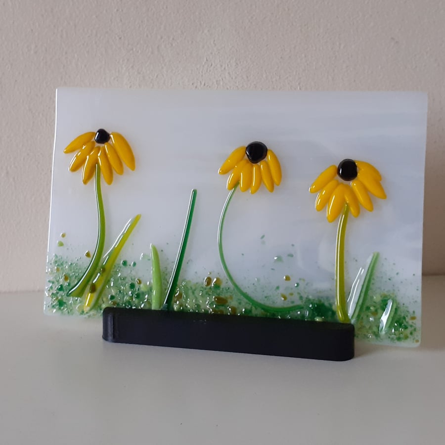 Fused glass yellow daisies floral panel with stand