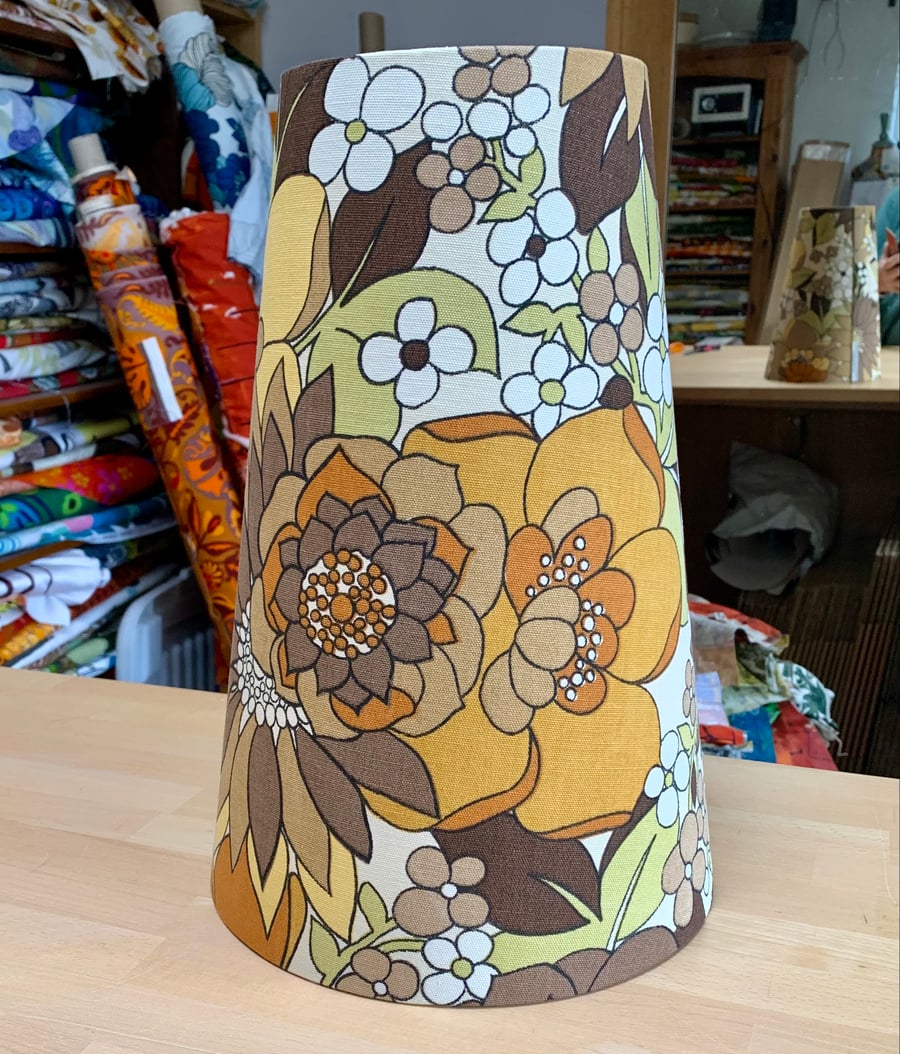 Groovy 60s 70s Floral Yellow Orange Brown Green Vintage Fabric Lampshade