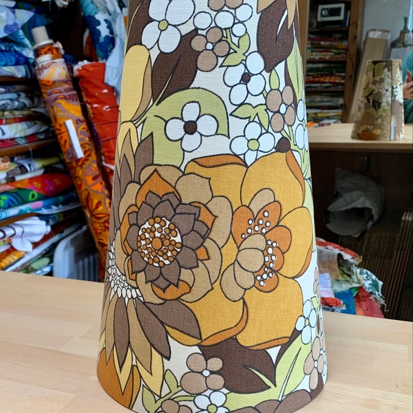 Groovy 60s 70s Floral Yellow Orange Brown Green Vintage Fabric Lampshade