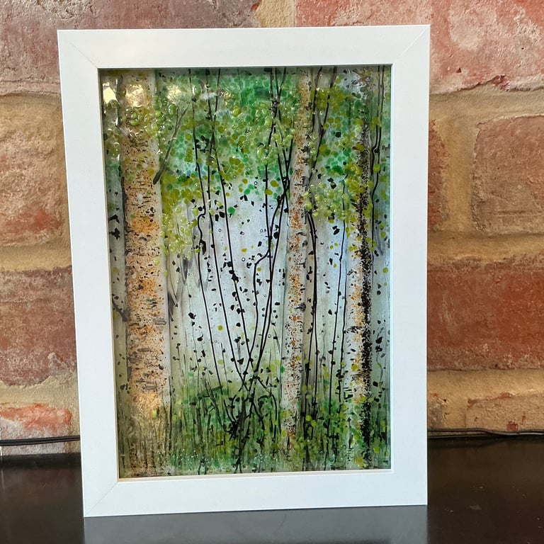 Fused glass birch trees framed picture