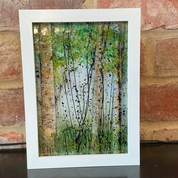 Fused glass birch trees framed picture
