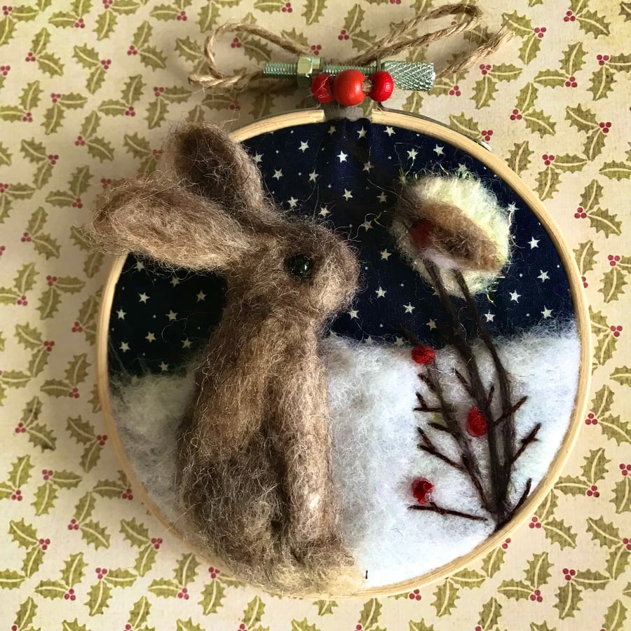 Hare and robin needle felted picture 