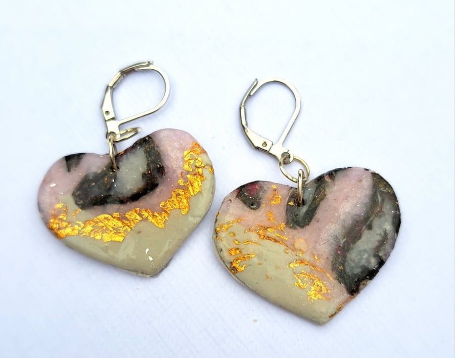 3 designs Heart shaped polymer clay earrings black, white, red, gold and silver