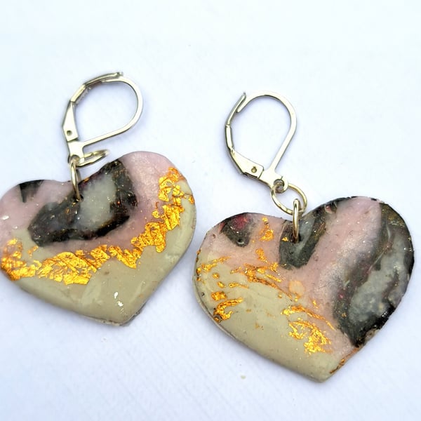 3 designs Heart shaped polymer clay earrings black, white, red, gold and silver