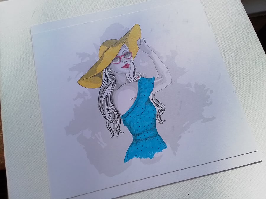 Card. Handmade card. Lady in sunhat. Ref 267