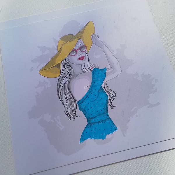 Card. Handmade card. Lady in sunhat. Ref 267