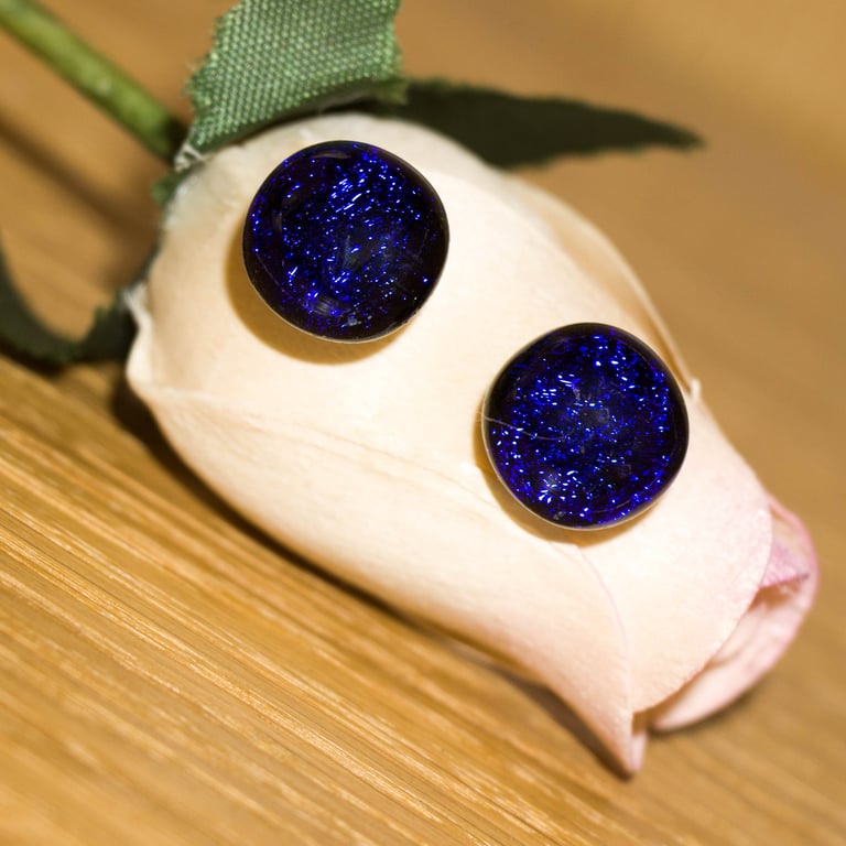 Dark Blue Dichroic Glass Earrings on Sterling Silver Studs - 2083