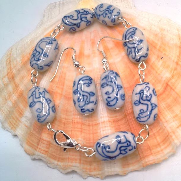 Bracelet and Earrings with Blue Patterned White Ceramic Beads, Gift for Her