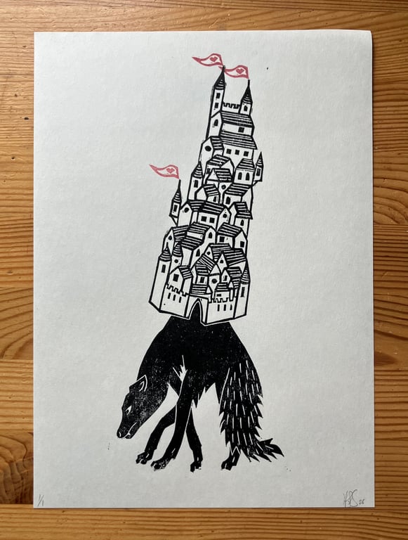 The Weight and the Balance, fairy tale linocut print of a fox and a castle