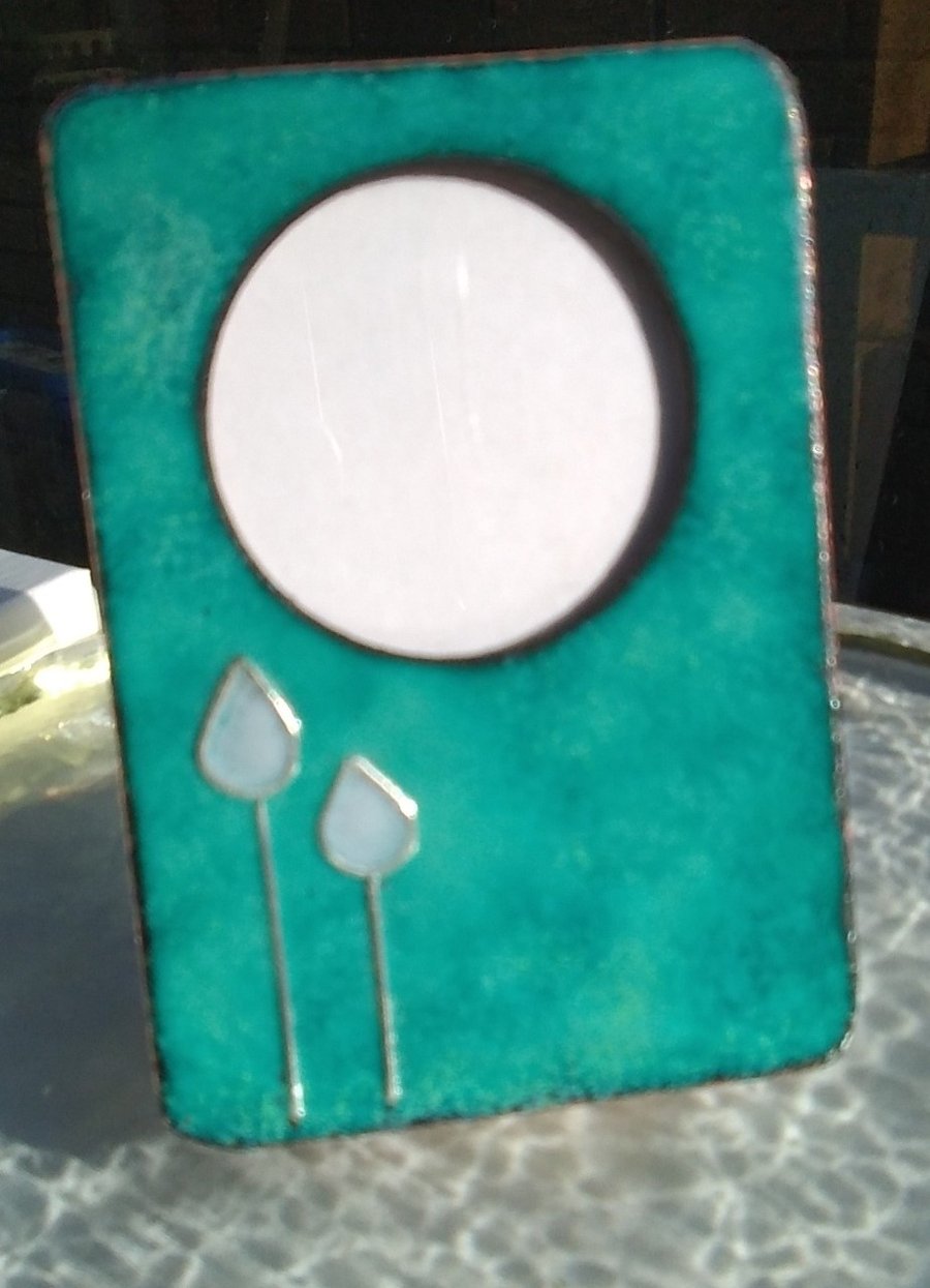 Enamelled photo frame in copper with molten glass flowers - BLUE-GREEN