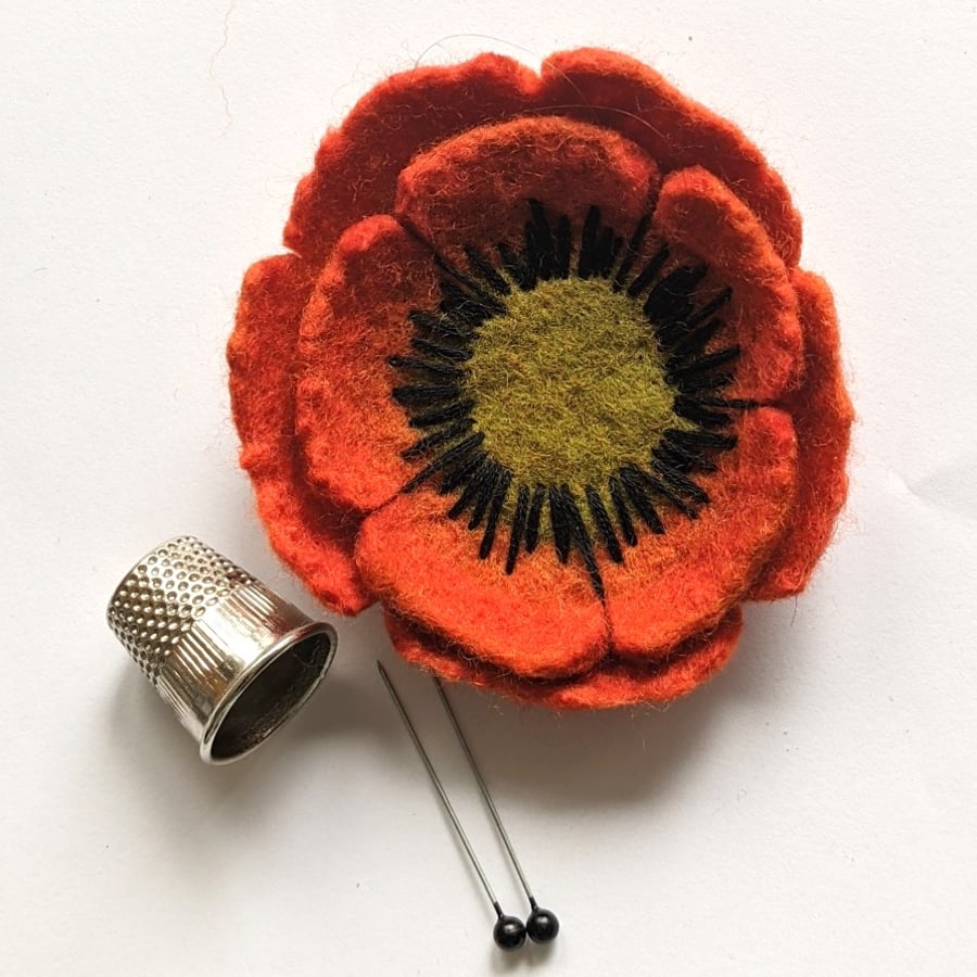 Felted flower brooch - orange anemone