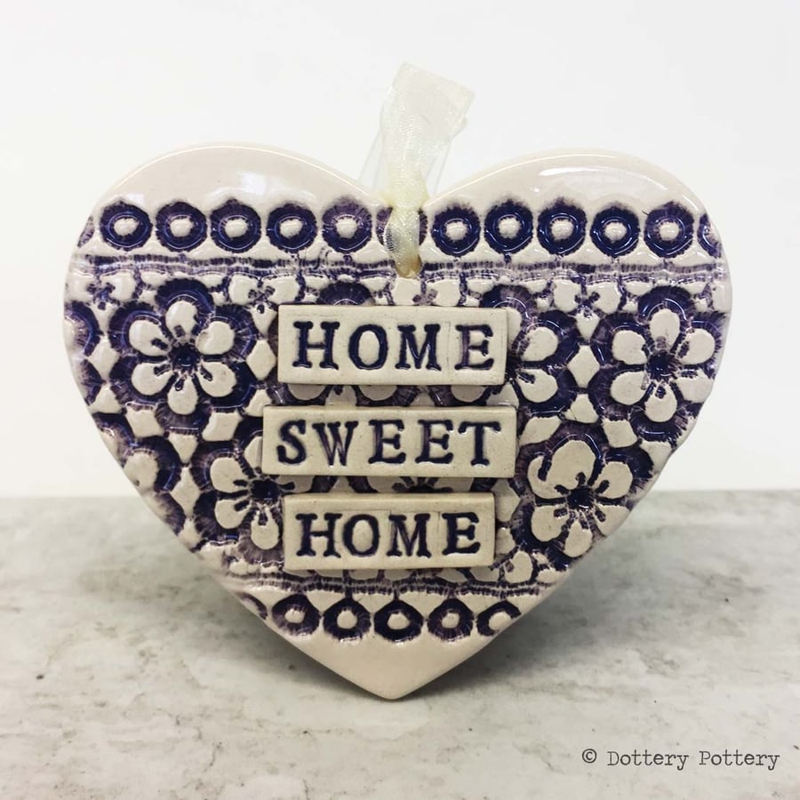 Ceramic heart hanging decoration Pottery Heart  Home Sweet Home Flower pattern
