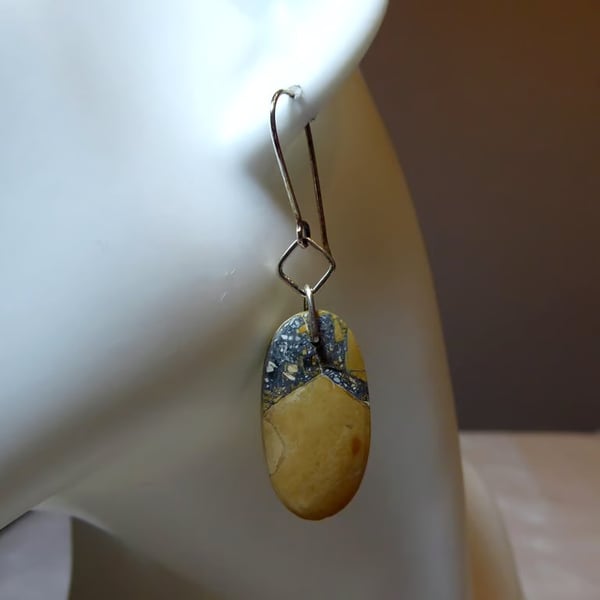 Pair of Sterling Silver & Oval Maligano Jasper Gemstone Earrings