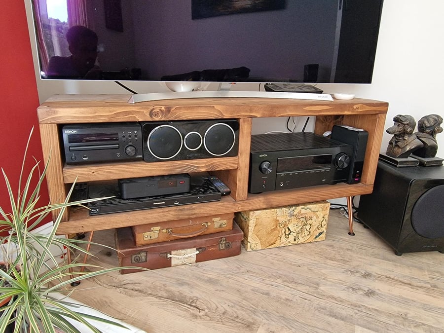 Copper & Reclaimed Solid Wood TV Stand Shelves Chunky Dark Oak Hairpin Legs