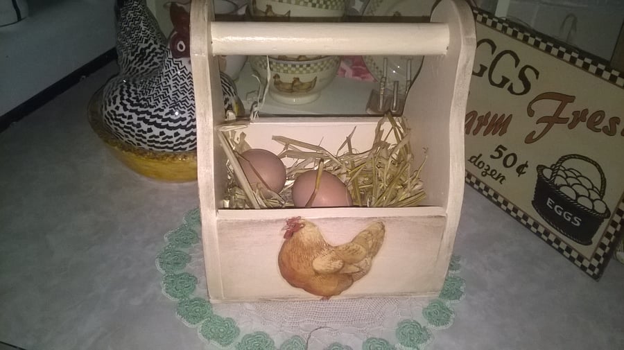Handcrafted Wooden Egg Box Made with Emma Bridgewater Chicken Design Storage 