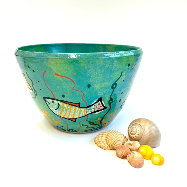 HANDPAINTED FISH BOWL-STONEWARE CERAMIC