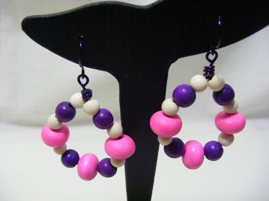 Pink Cream and Purple Hoop Earrings