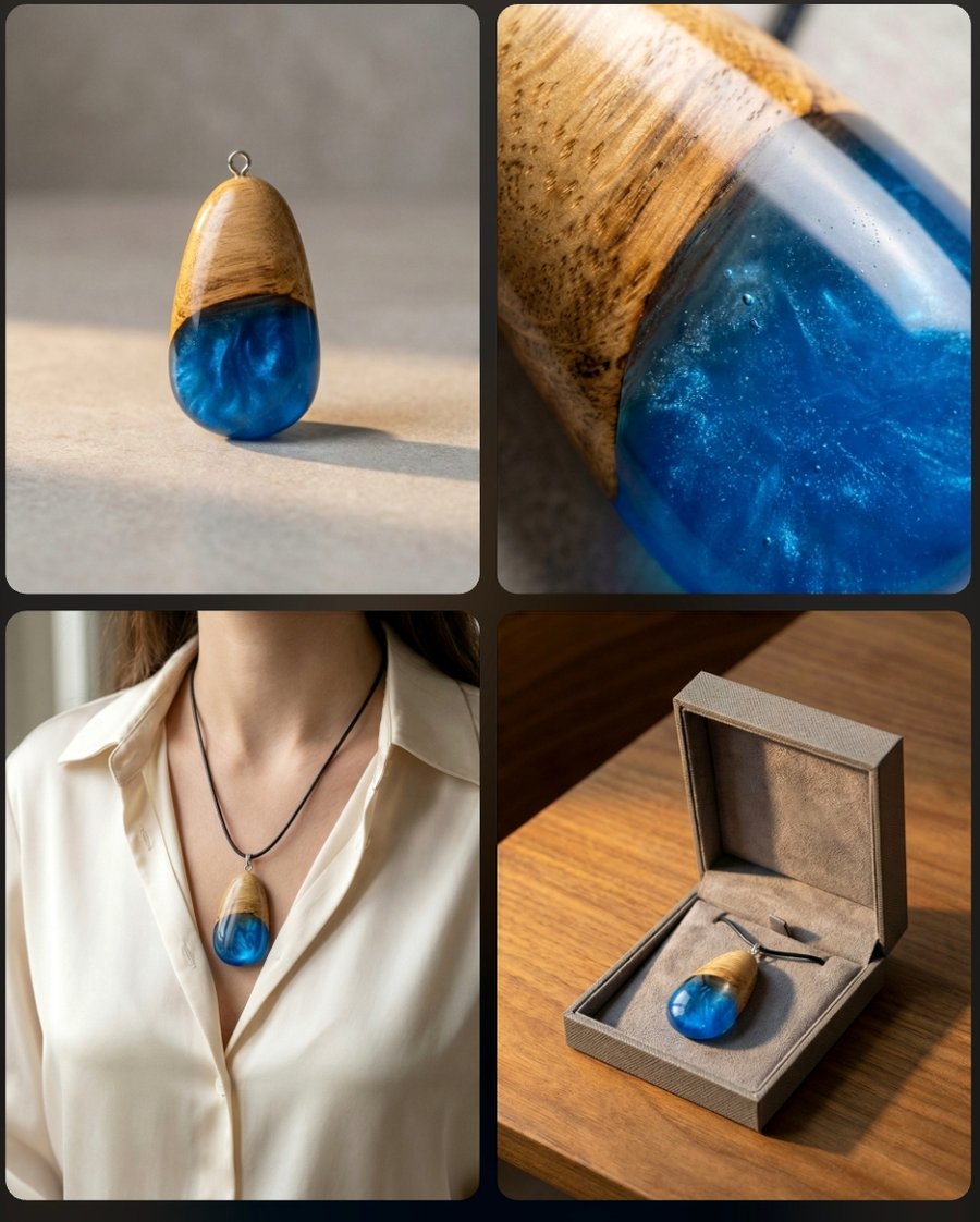 Unique oak and sapphire blue resin necklace 